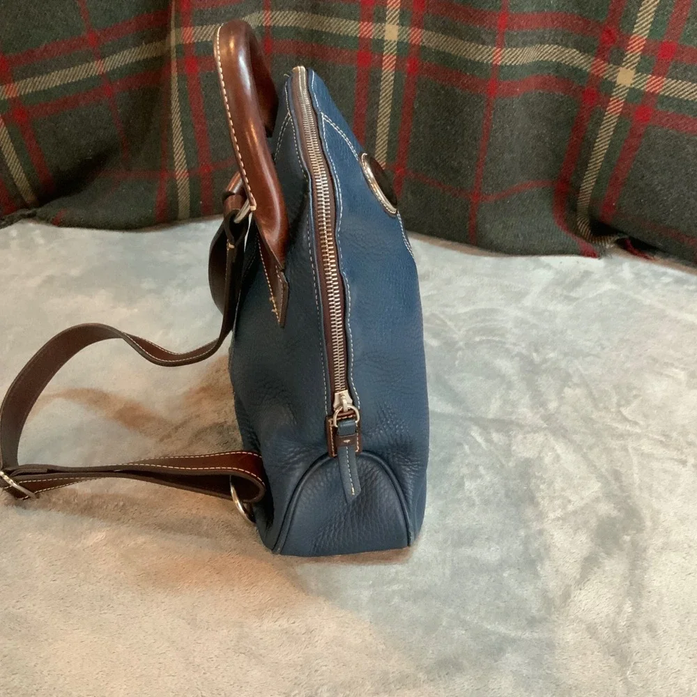 Dooney & Bourke Pebbled Leather Backpack Slate Blue Brown Trim Dome Bag